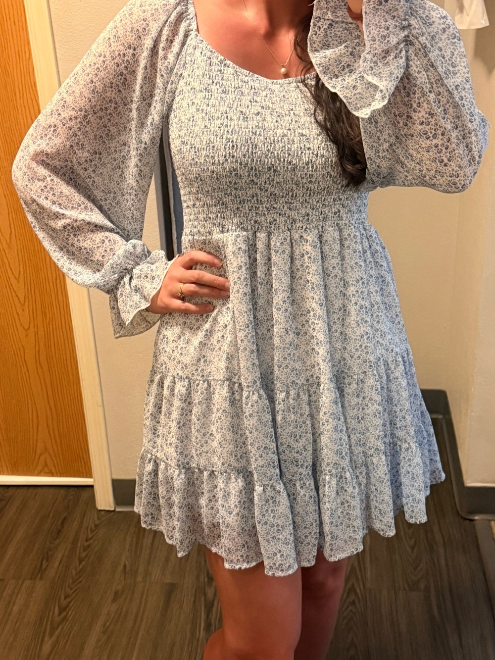 Smocked Square Neck Floral Tiered Mini Dress - Blue